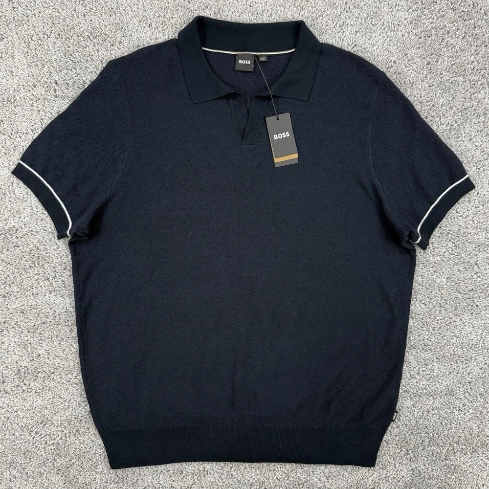 Hugo Boss Sweater Polo Men's XL Navy NWT Johnny Collar Short Sleeve Knit